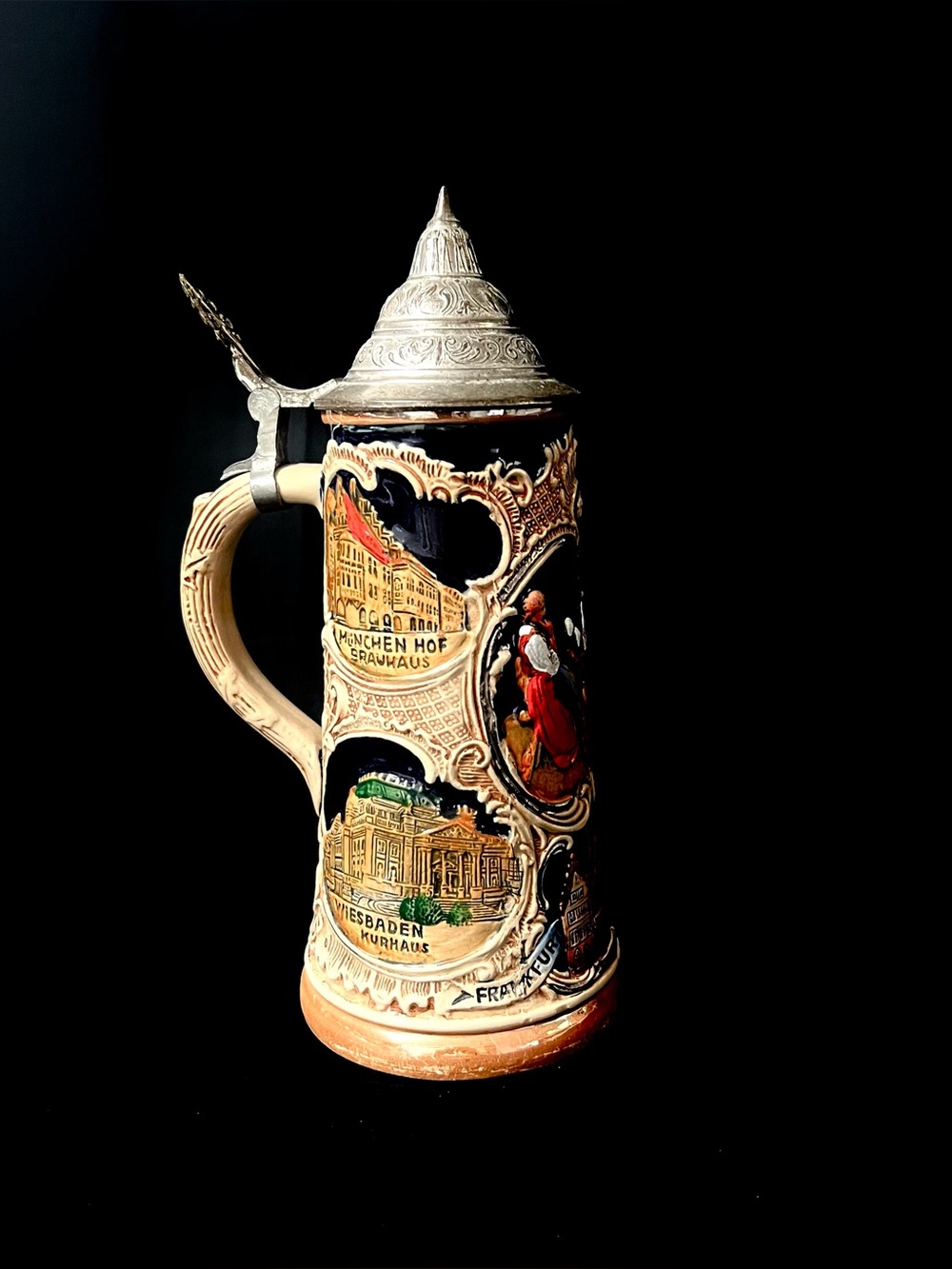 Vintage Hand-Painted Ceramic Beer Stein with Pewter Lid - Multicolor